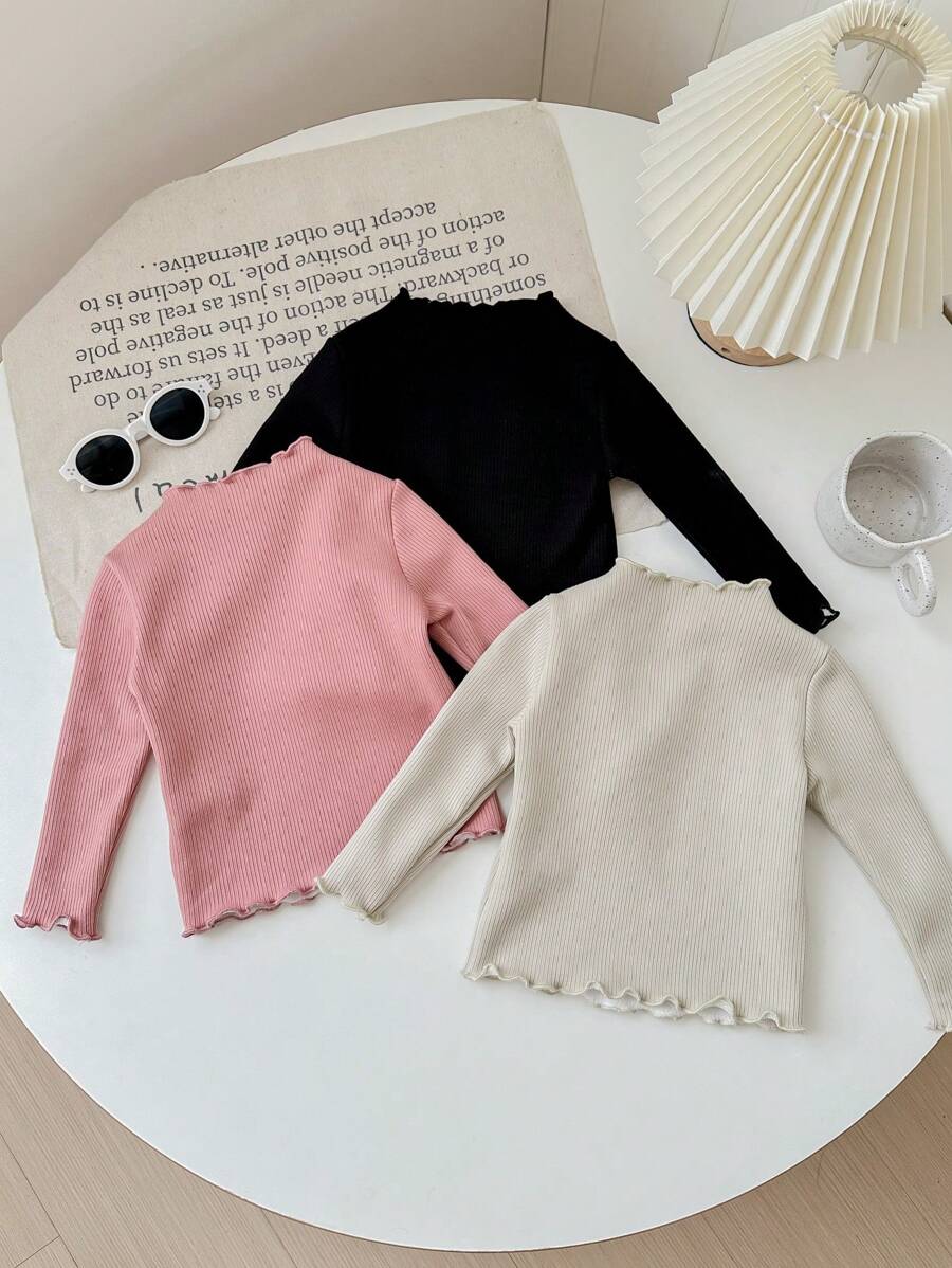 Kit com 3 blusas caneladas de manga longa para bebê · Rosa + preto + creme #modelo_rosa-preto-creme