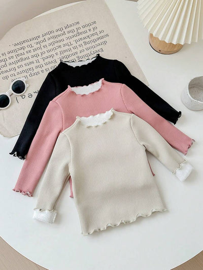 Kit com 3 blusas caneladas de manga longa para bebê · Rosa + preto + creme 