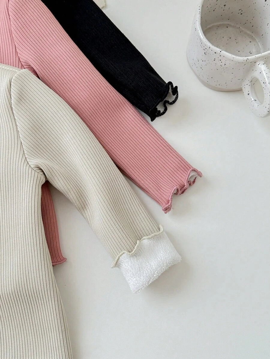 Kit com 3 blusas caneladas de manga longa para bebê · Rosa + preto + creme 