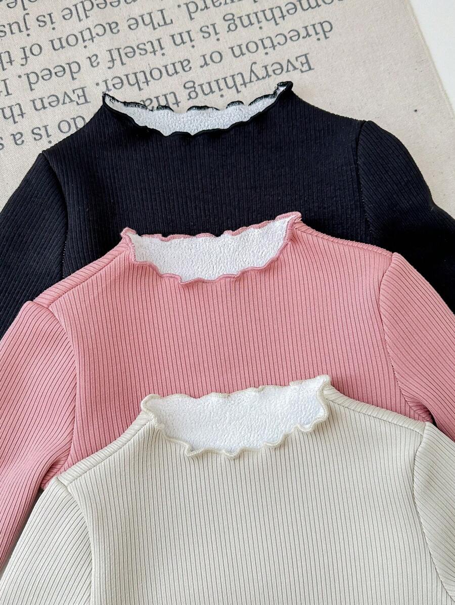 Kit com 3 blusas caneladas de manga longa para bebê · Rosa + preto + creme 