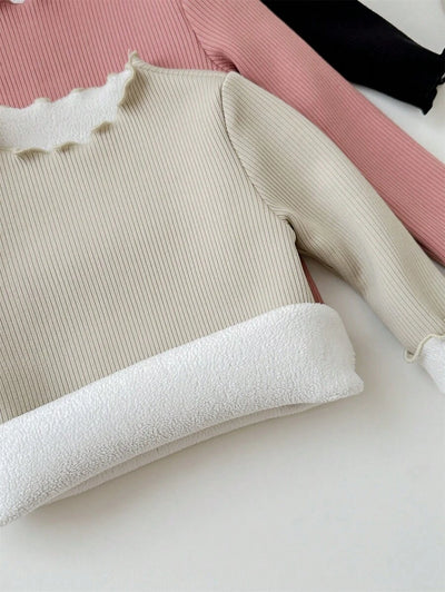 Kit com 3 blusas caneladas de manga longa para bebê · Rosa + preto + creme 