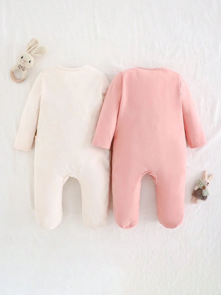 Kit com 2 macacões de manga longa para bebê · Rosa e creme 