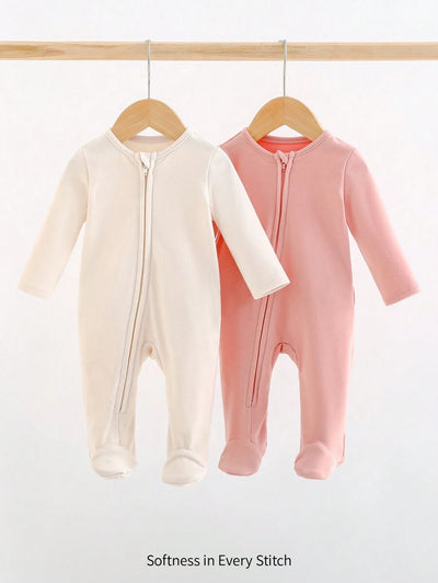 Kit com 2 macacões de manga longa para bebê · Rosa e creme 