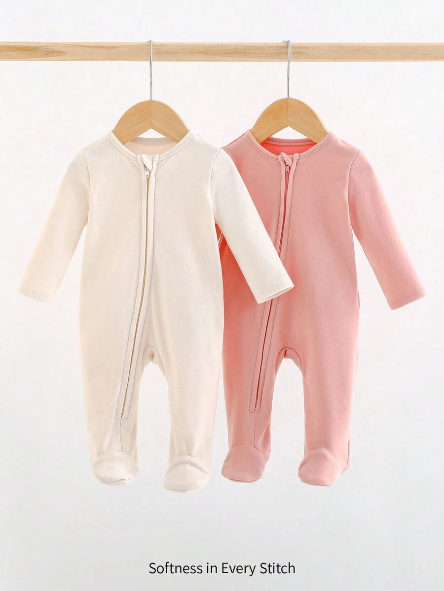Kit com 2 macacões de manga longa para bebê · Rosa e creme 