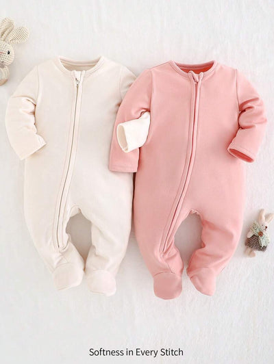Kit com 2 macacões de manga longa para bebê · Rosa e creme 