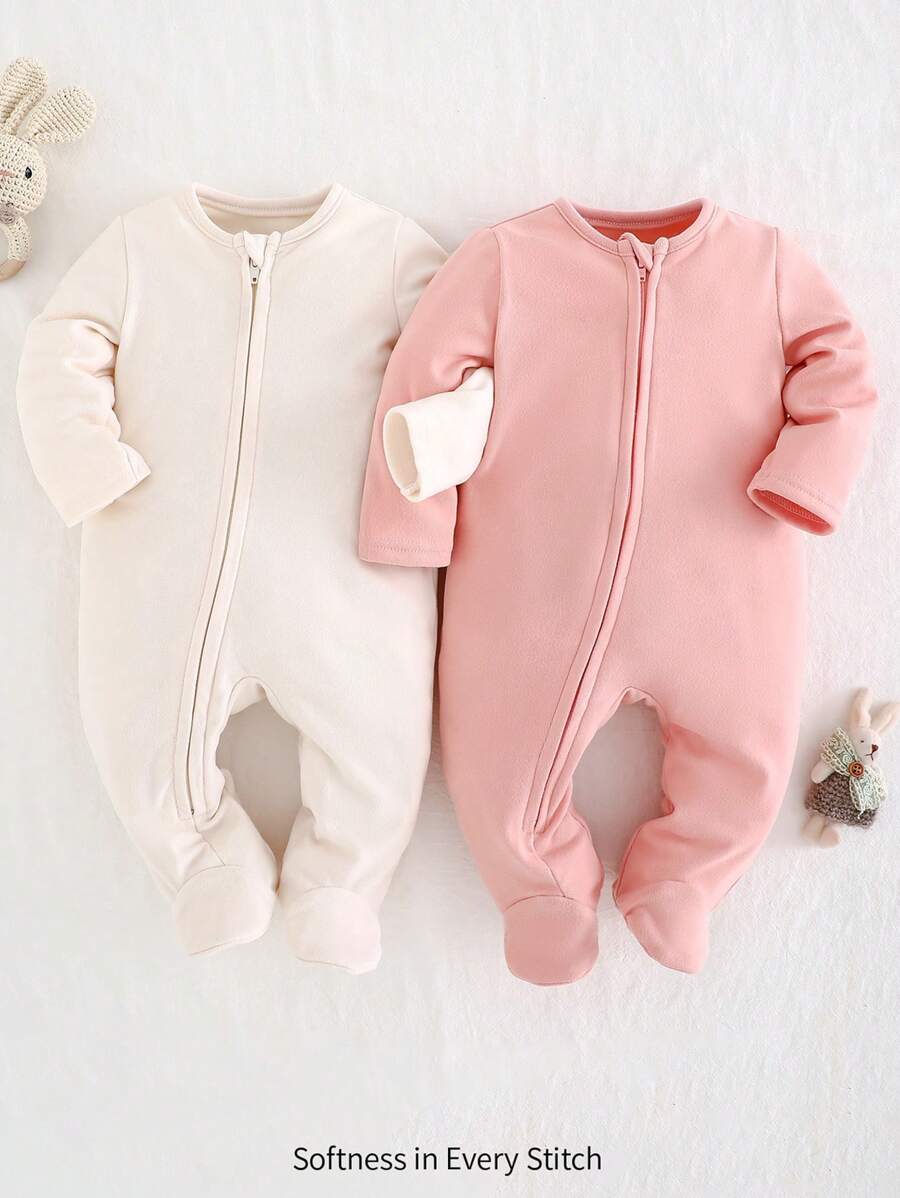 Kit com 2 macacões de manga longa para bebê · Rosa e creme 