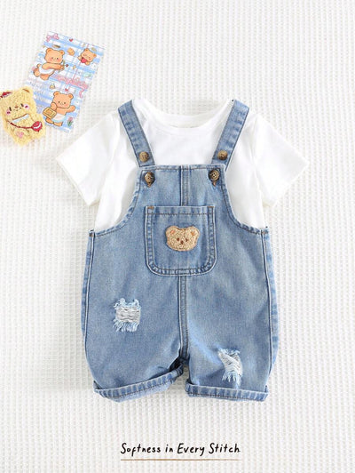 Jardineira Jeans Ursinho para Bebê · Jeans com rasgos 