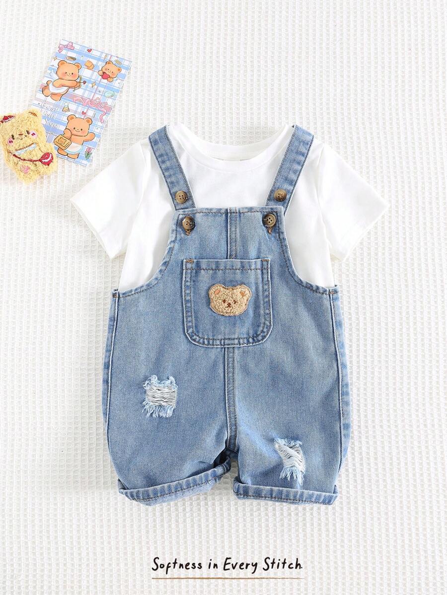 Jardineira Jeans Ursinho para Bebê · Jeans com rasgos 