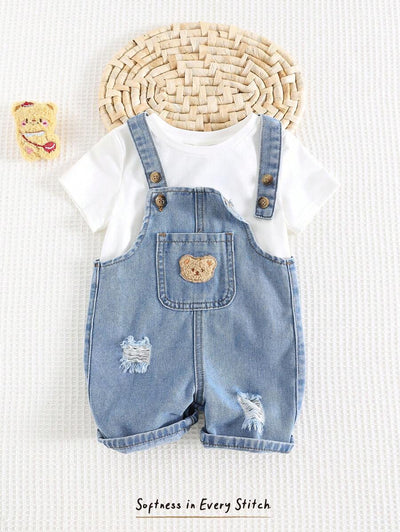 Jardineira Jeans Ursinho para Bebê · Jeans com rasgos 
