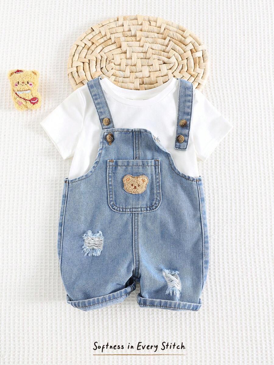 Jardineira Jeans Ursinho para Bebê · Jeans com rasgos 