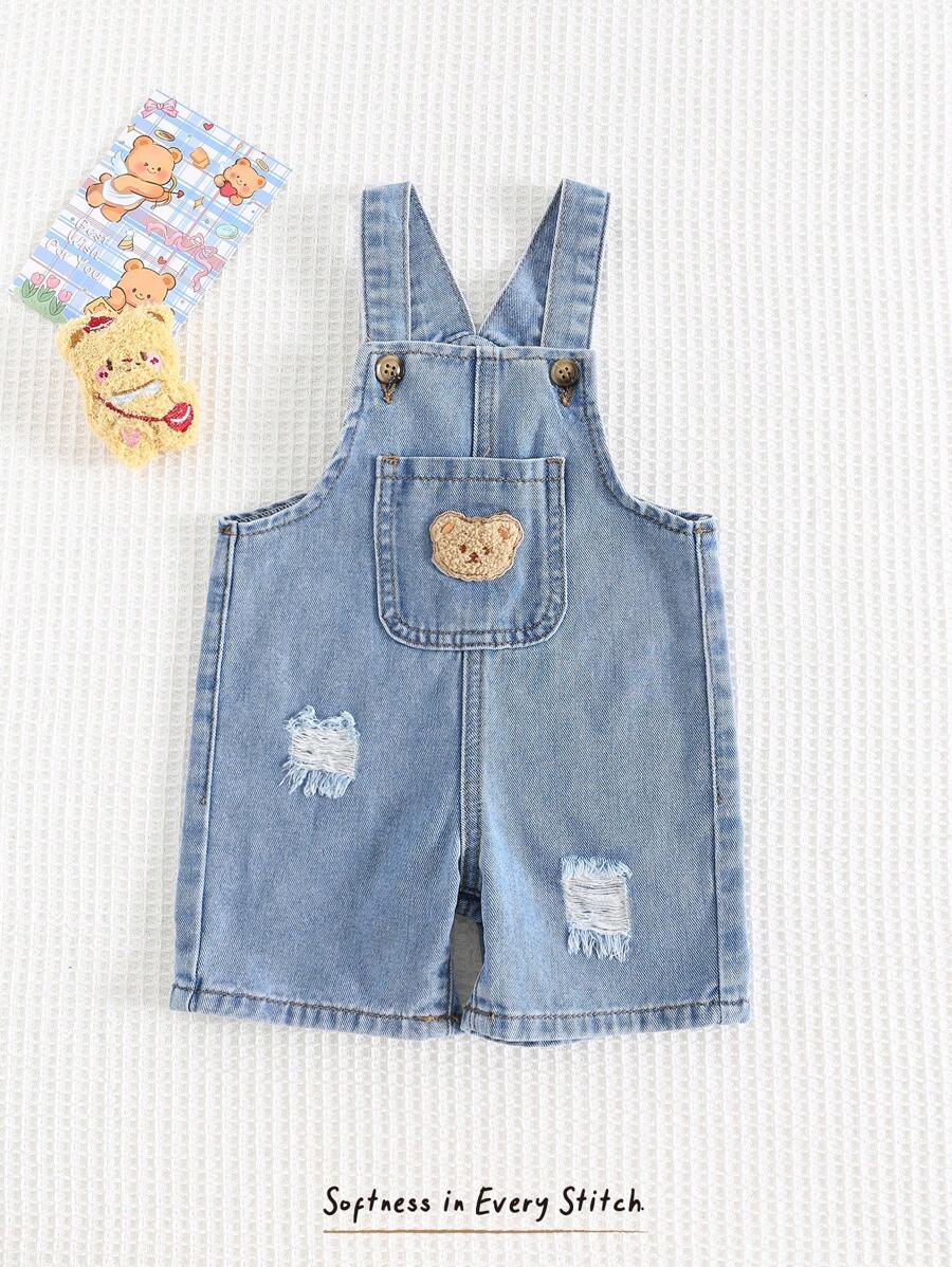 Jardineira Jeans Ursinho para Bebê · Jeans com rasgos 