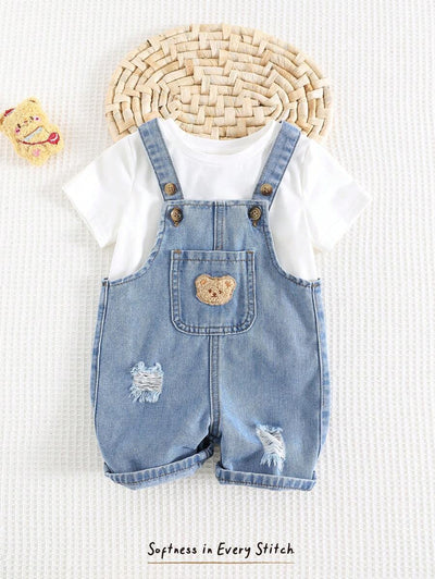 Jardineira Jeans Ursinho para Bebê · Jeans com rasgos 