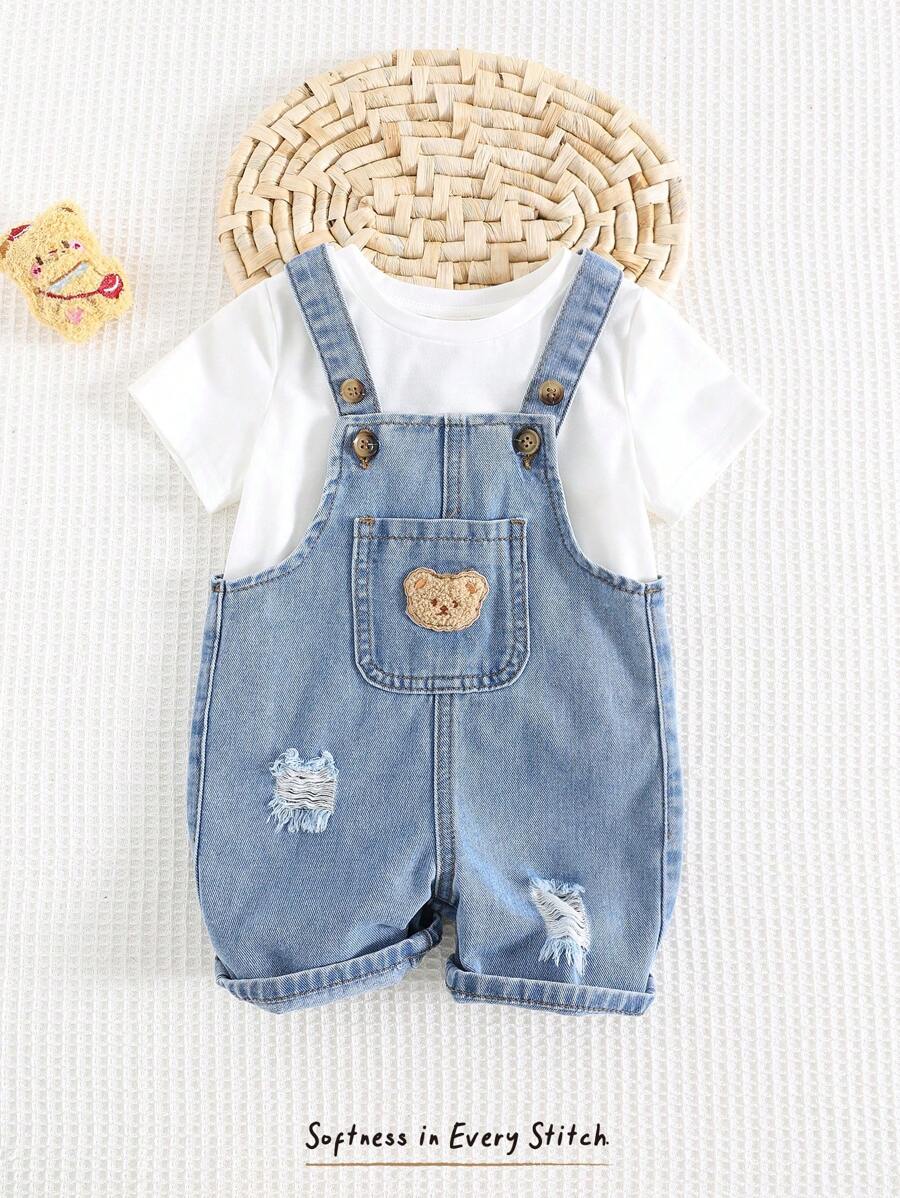 Jardineira Jeans Ursinho para Bebê · Jeans com rasgos 