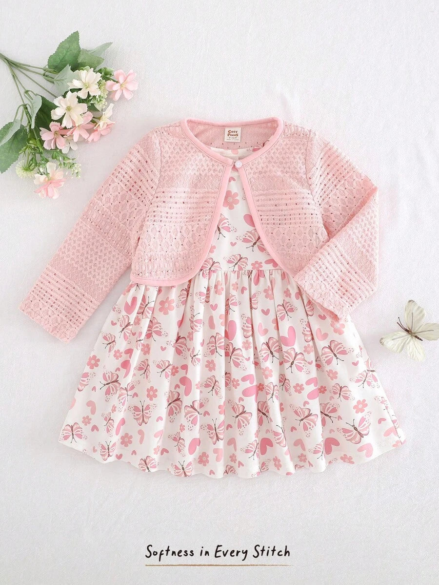 Conjunto vestido estampado e casaquinho · Borboletas rosa 