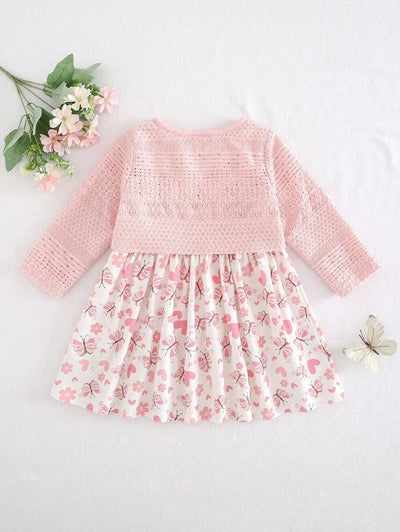Conjunto vestido estampado e casaquinho · Borboletas rosa 