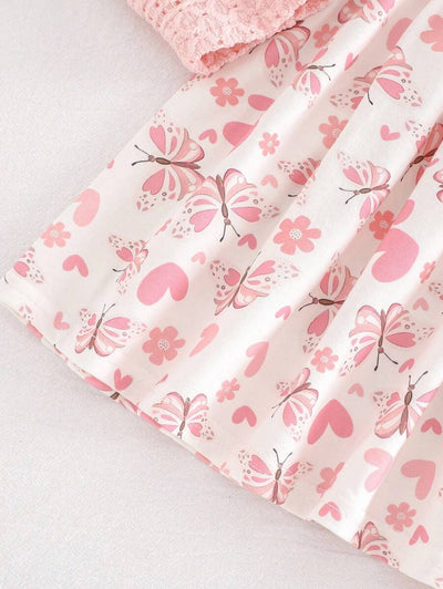 Conjunto vestido estampado e casaquinho · Borboletas rosa 