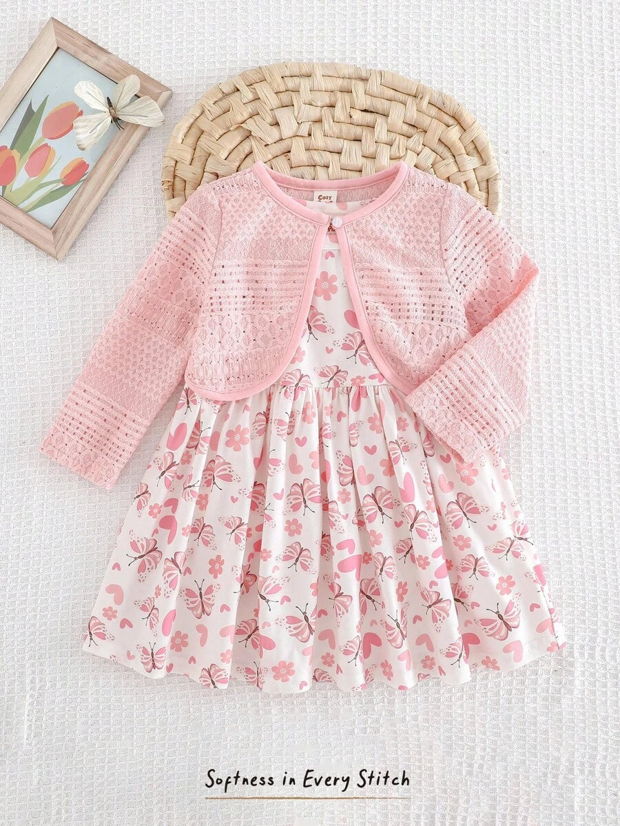 Conjunto vestido estampado e casaquinho · Borboletas rosa 