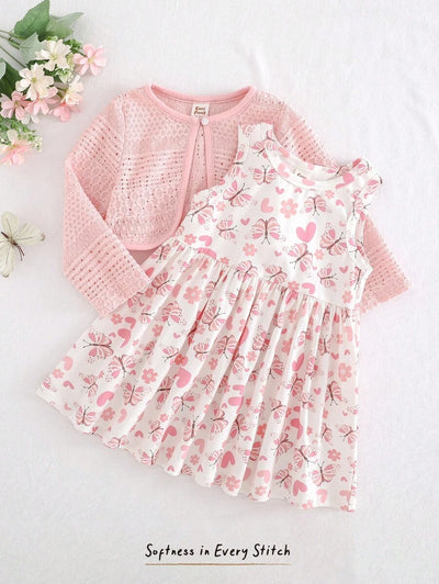 Conjunto vestido estampado e casaquinho · Borboletas rosa 