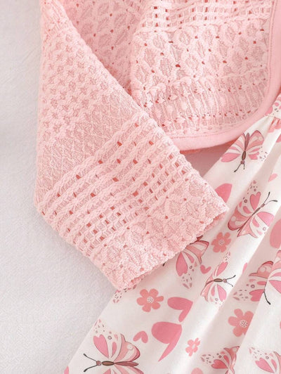 Conjunto vestido estampado e casaquinho · Borboletas rosa 