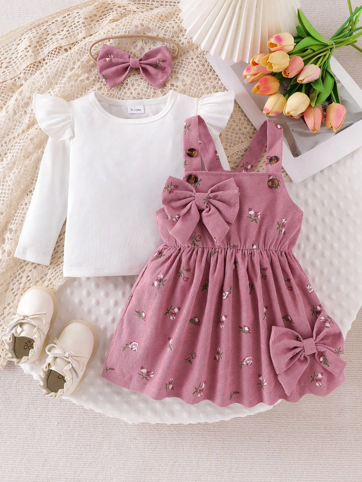 3 Peças/Conjunto Camiseta de Manga Longa com Manga Flare Casual de Cor Sólida para Menina Bebê e Vestido (Cópia) (Cópia)