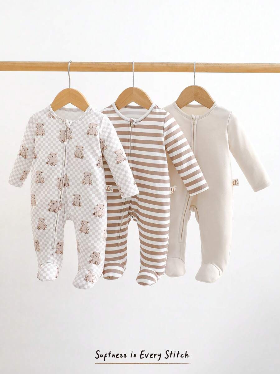 Kit com 3 Macacões de Manga Longa para Bebê · Caqui 
