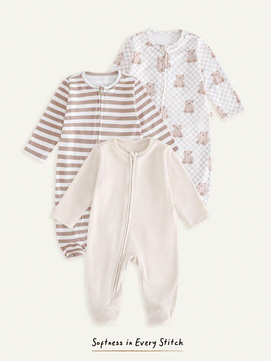 Kit com 3 Macacões de Manga Longa para Bebê · Caqui 