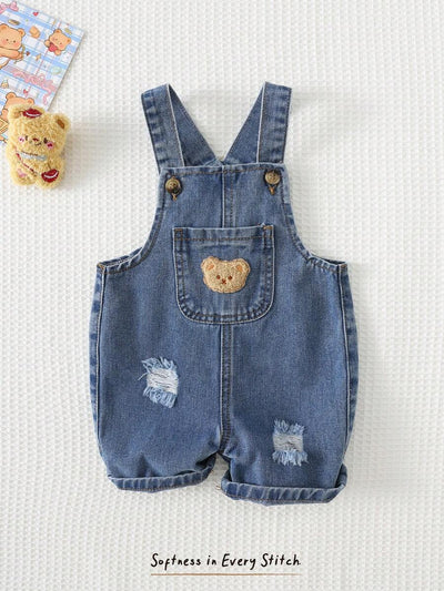 Jardineira Jeans Ursinho para Bebê · Jeans escuro com rasgos 