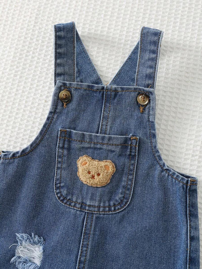 Jardineira Jeans Ursinho para Bebê · Jeans escuro com rasgos 