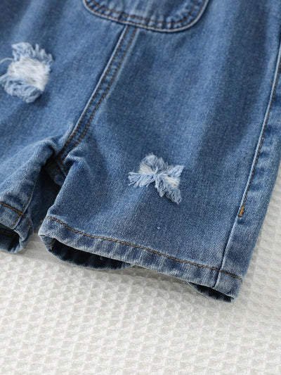 Jardineira Jeans Ursinho para Bebê · Jeans escuro com rasgos 