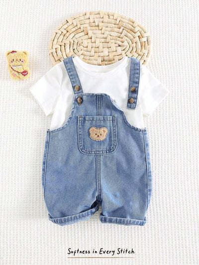 Jardineira Jeans Ursinho para Bebê · Jeans liso 