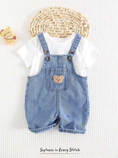Jardineira Jeans Ursinho para Bebê · Jeans liso 