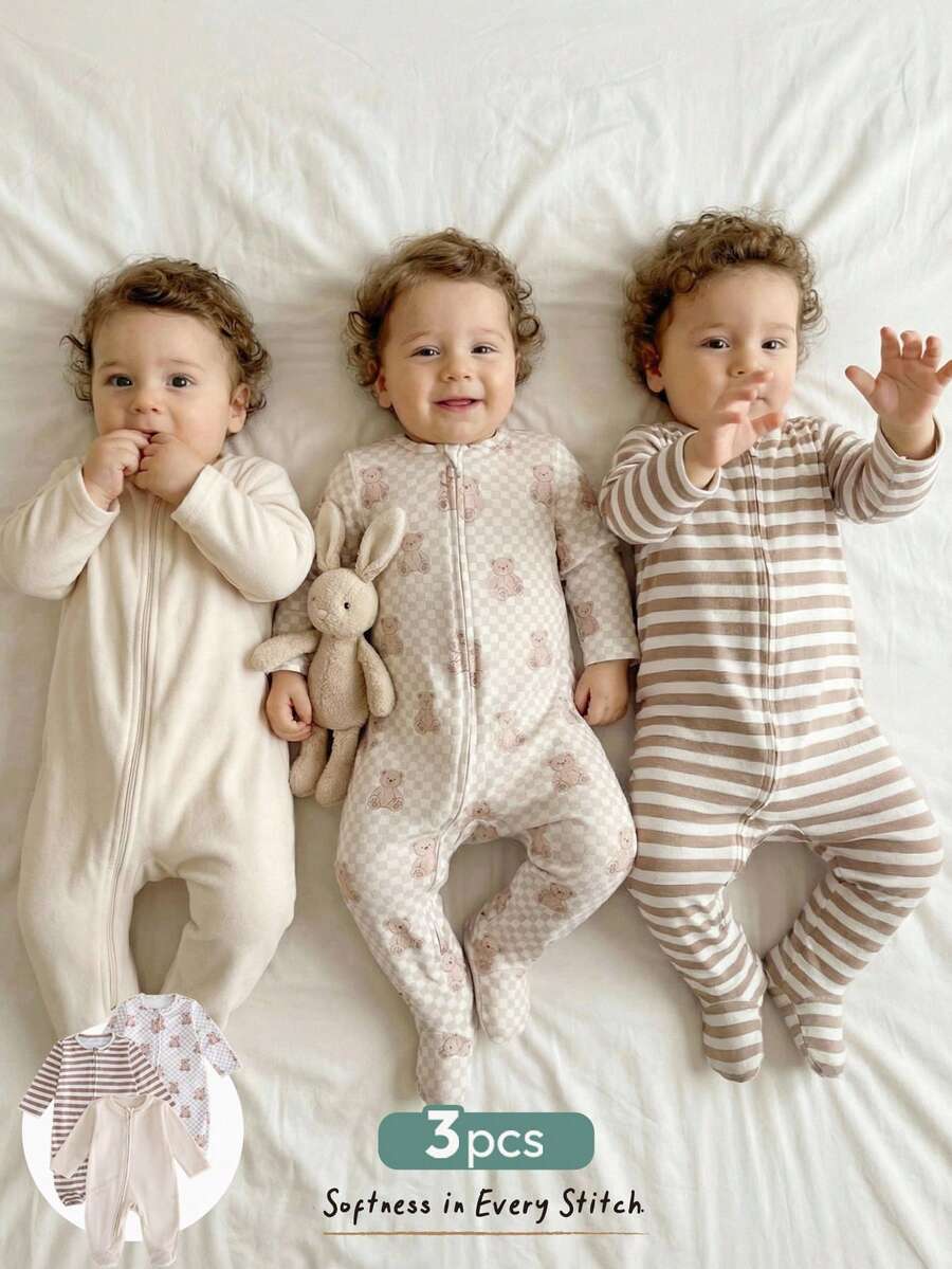 Kit com 3 Macacões de Manga Longa para Bebê · Caqui 