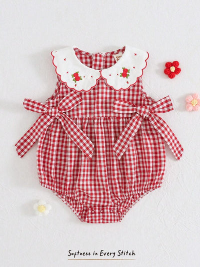Body Xadrez com Gola Bordada e Laços para Menina