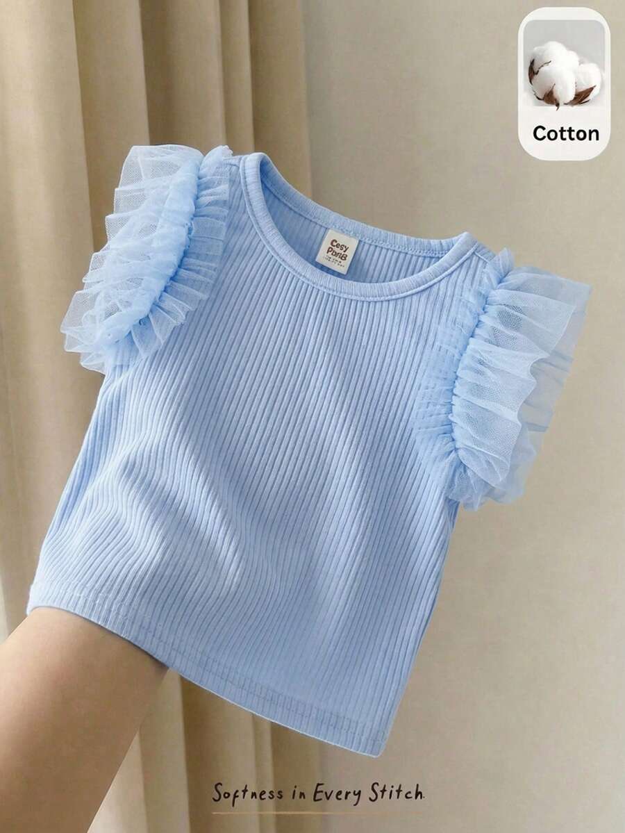 Camiseta Canelada com Babados para Bebê · Azul bebê 