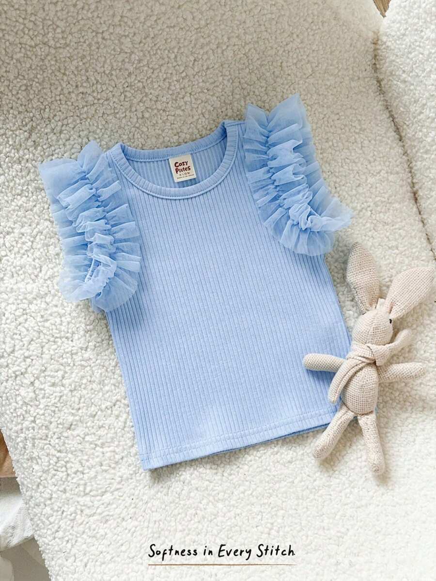 Camiseta Canelada com Babados para Bebê · Azul bebê 