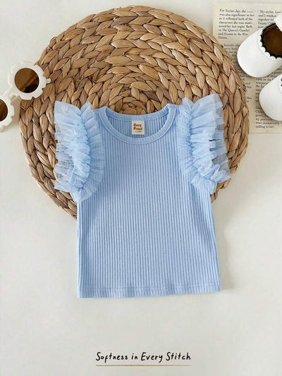 Camiseta Canelada com Babados para Bebê · Azul bebê 