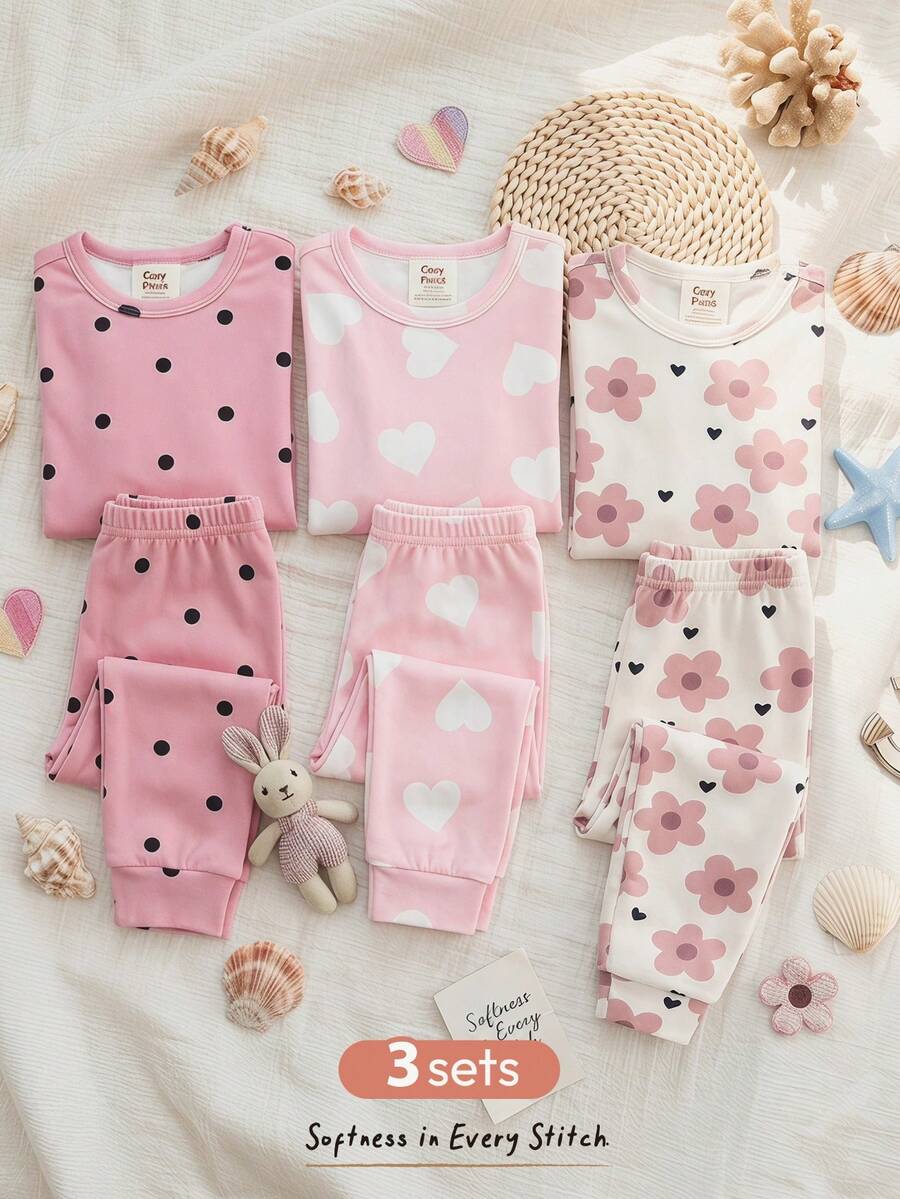 Kit de Pijama para Bebê com 6 Peças · Flores e corações 