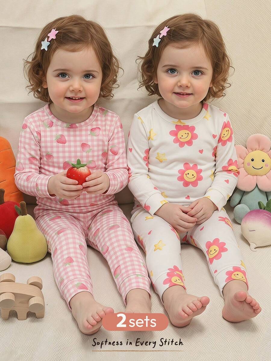 Kit com 2 pijamas estampados para bebê · Morangos e flores 