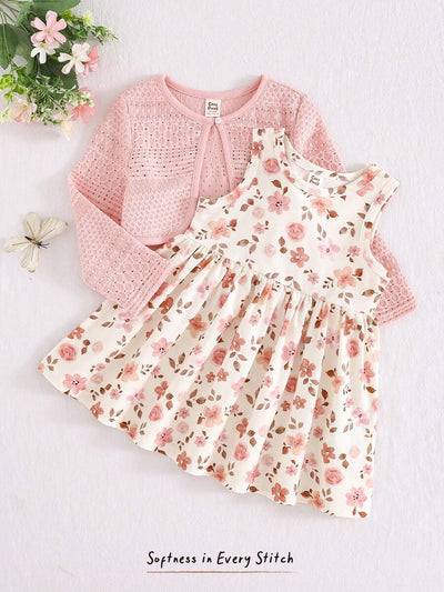 Conjunto vestido estampado e casaquinho · Floral rosa 