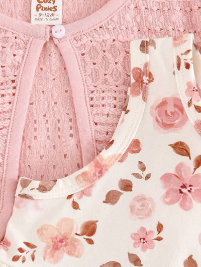 Conjunto vestido estampado e casaquinho · Floral rosa 