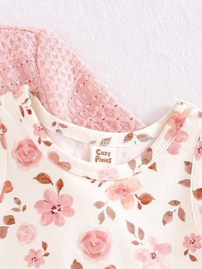 Conjunto vestido estampado e casaquinho · Floral rosa 