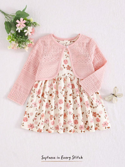 Conjunto vestido estampado e casaquinho · Floral rosa 