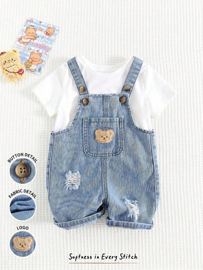 Jardineira Jeans Ursinho para Bebê · Jeans com rasgos 