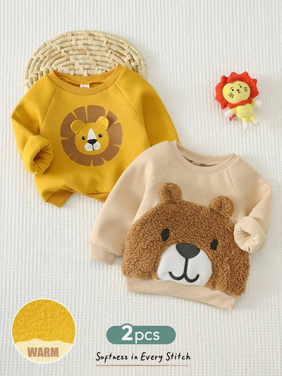 Kit com 2 Moletons para Bebê Bichinhos · Leão amarelo e urso bege 