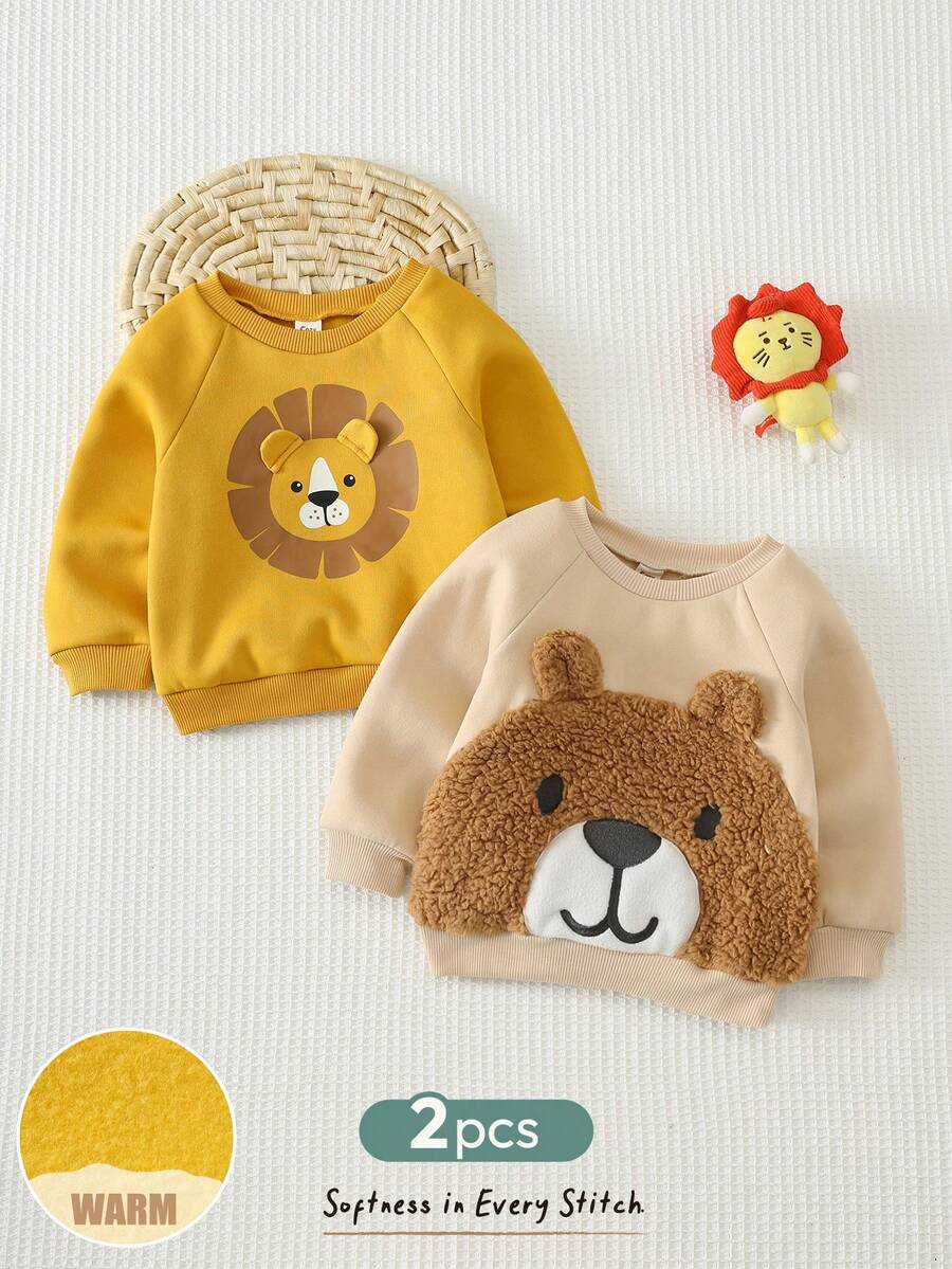 Kit com 2 Moletons para Bebê Bichinhos · Leão amarelo e urso bege 