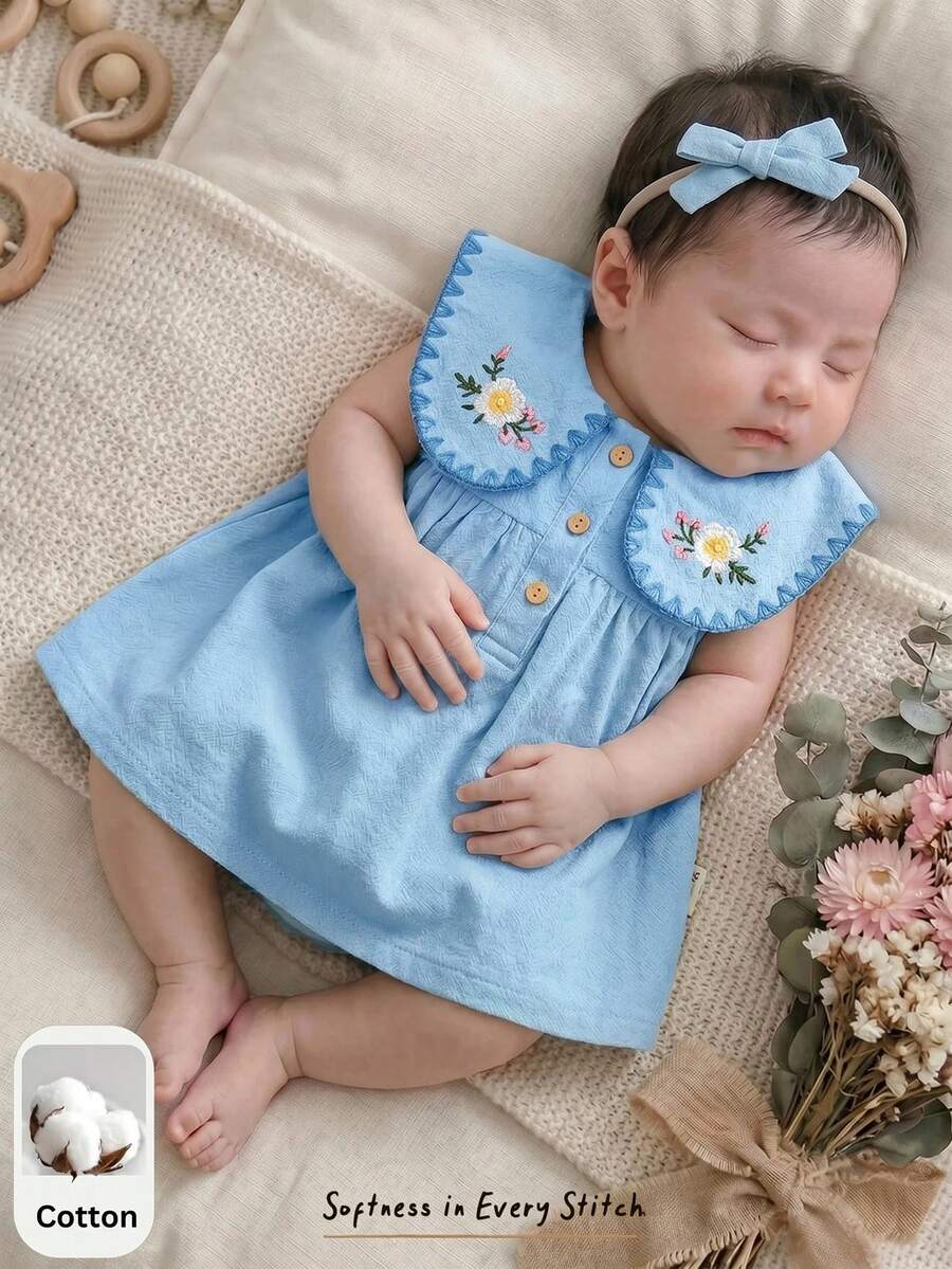 Vestido para bebê com gola bordada · Floral azul 