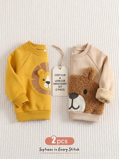 Kit com 2 Moletons para Bebê Bichinhos · Leão amarelo e urso bege 