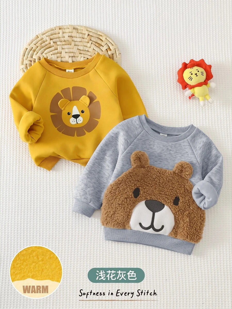 Kit com 2 Moletons para Bebê Bichinhos · Leão amarelo e urso cinza 