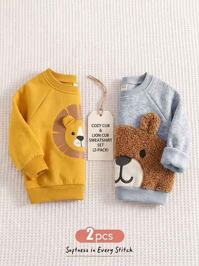 Kit com 2 Moletons para Bebê Bichinhos · Leão amarelo e urso cinza 