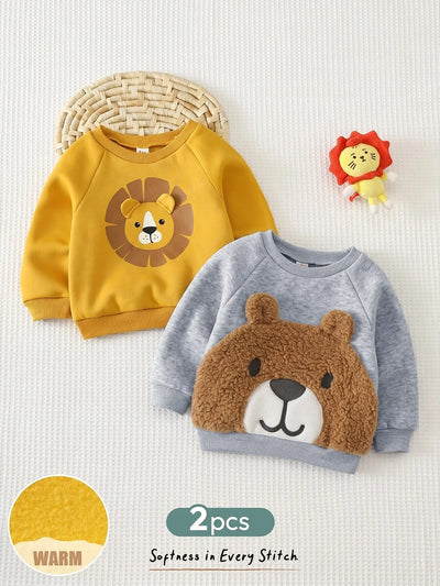 Kit com 2 Moletons para Bebê Bichinhos · Leão amarelo e urso cinza 
